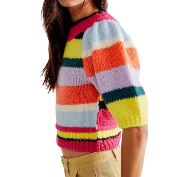 Free People Never Enough Color Stripped Cropped Sweater Wool Blend Size Medium - Picture 1 of 7